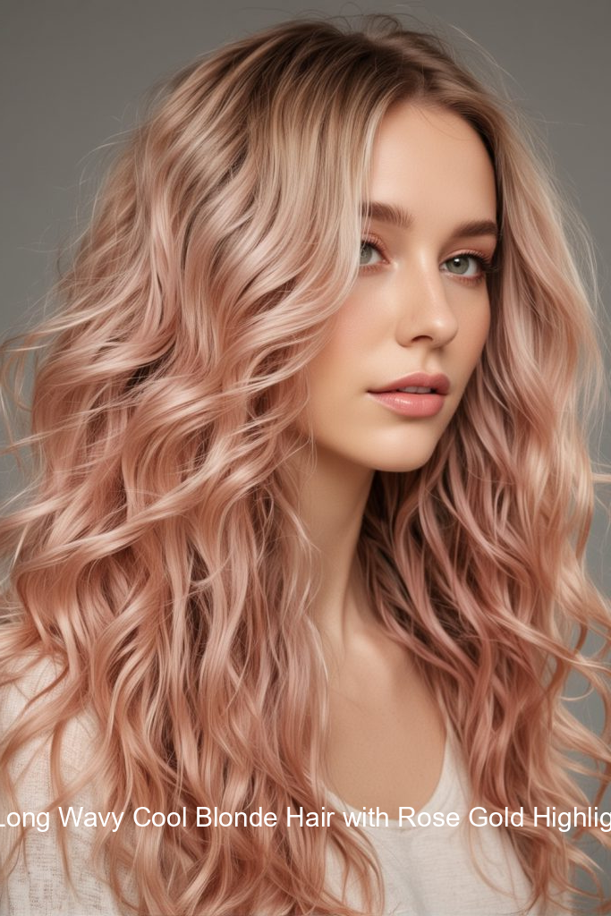 1. Long Wavy Cool Blonde Hair with Rose Gold Highlights