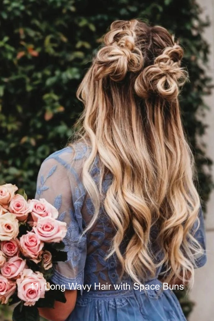 11. Long Wavy Hair with Space Buns