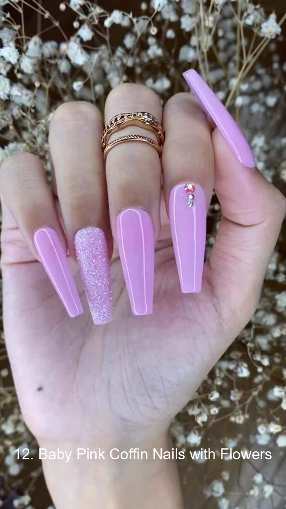 12. Baby Pink Coffin Nails with Flowers