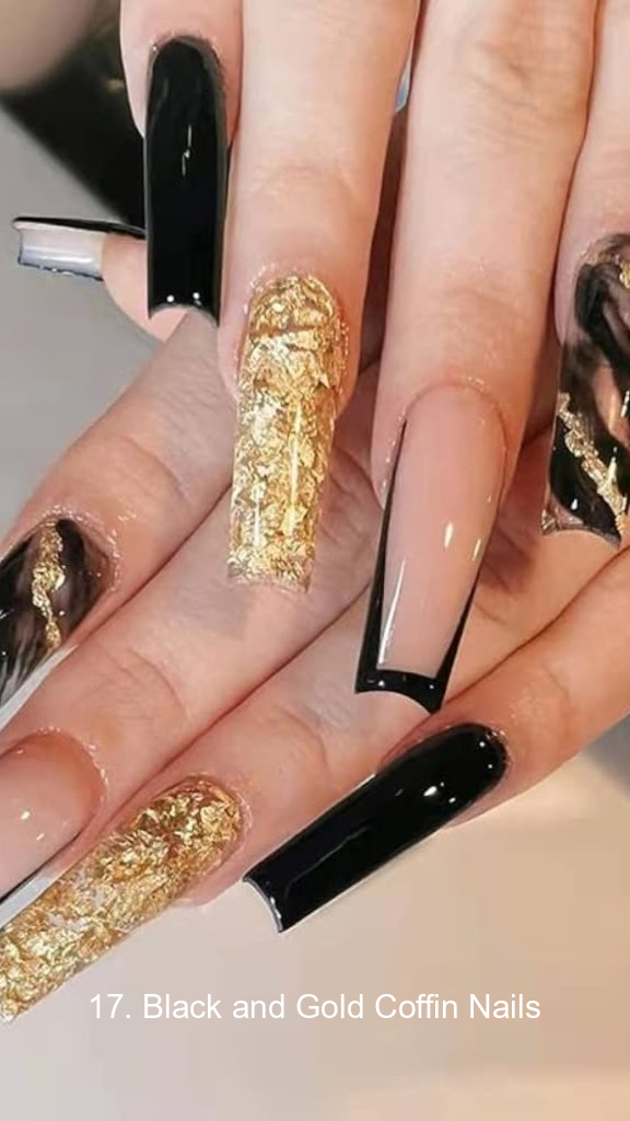 17. Black and Gold Coffin Nails