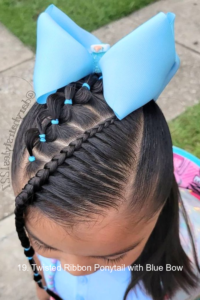 19. Twisted Ribbon Ponytail with Blue Bow