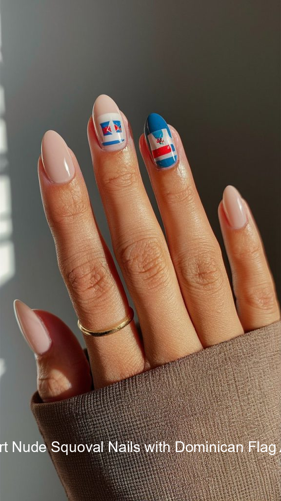 3. Short Nude Squoval Nails with Dominican Flag Accent