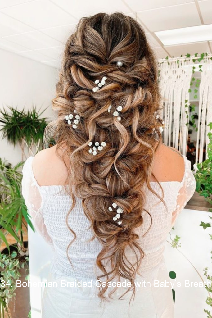 34. Bohemian Braided Cascade with Baby’s Breath