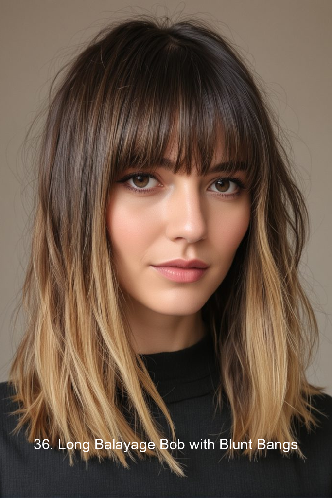 36. Long Balayage Bob with Blunt Bangs