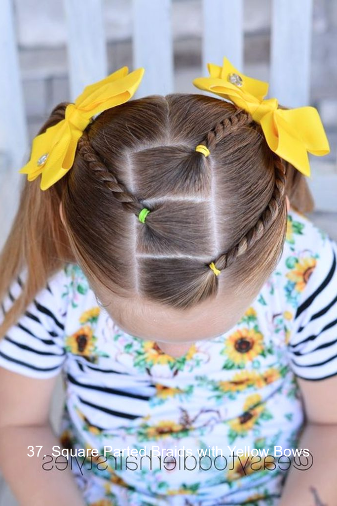 37. Square Parted Braids with Yellow Bows