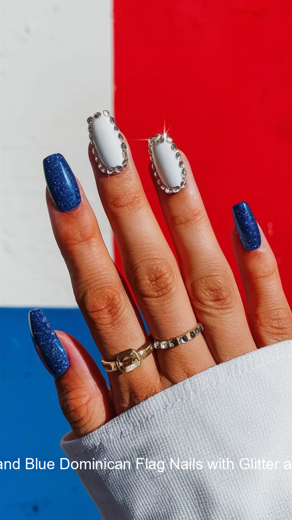 4. Red, White, and Blue Dominican Flag Nails with Glitter and Rhinestones