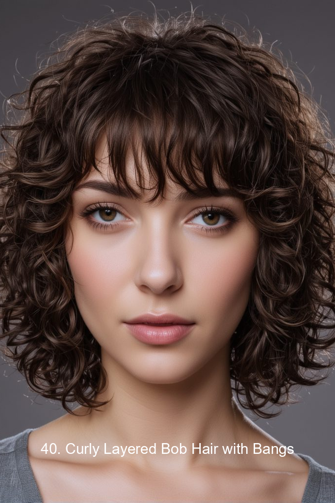 40. Curly Layered Bob Hair with Bangs