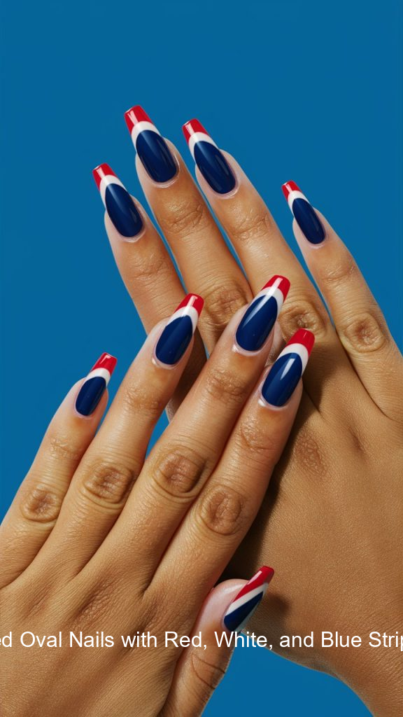 5. Blue and Red Oval Nails with Red, White, and Blue Striped French Tip