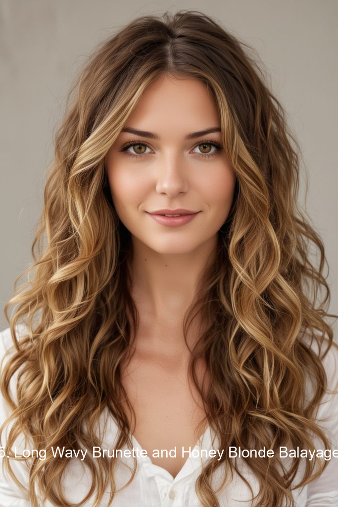 5. Long Wavy Brunette and Honey Blonde Balayage