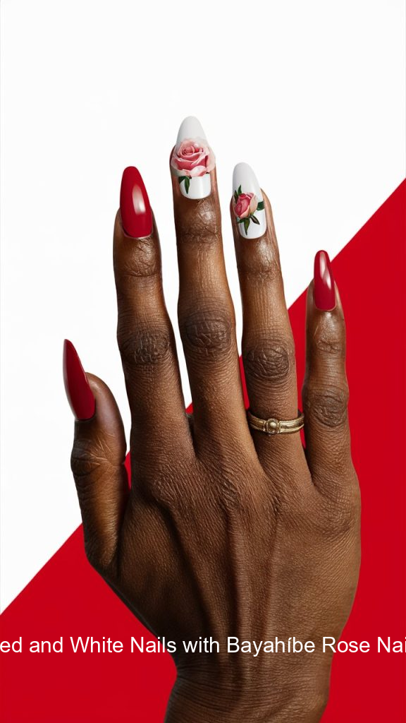 7. Red and White Nails with Bayahíbe Rose Nail Art