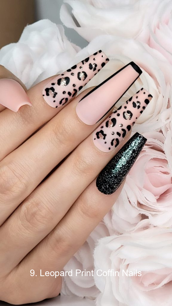 9. Leopard Print Coffin Nails